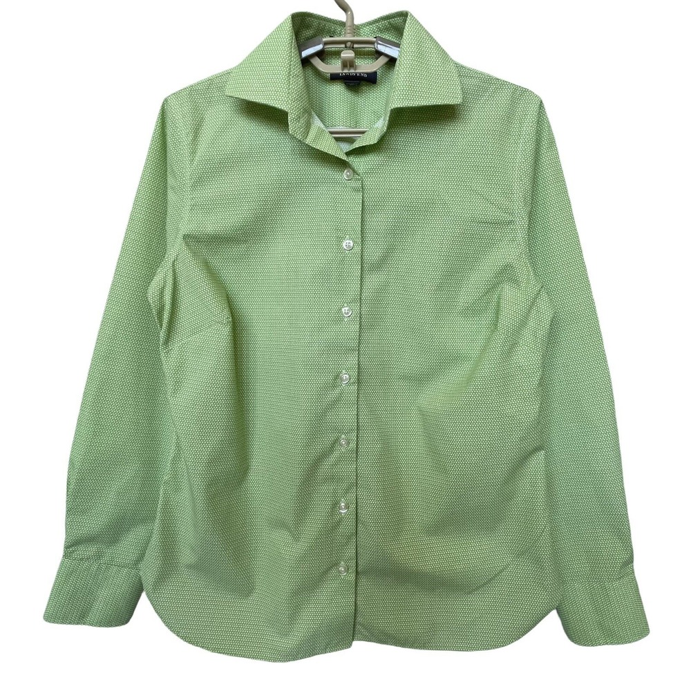 Lands' End Button Down Shirt Women 6 Green Micro Dot Wrinkle Free Excellent
